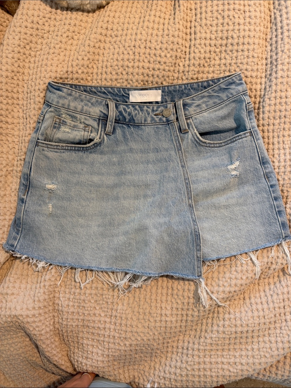 Light Wash Denim Mini Skirt with Frayed Hem